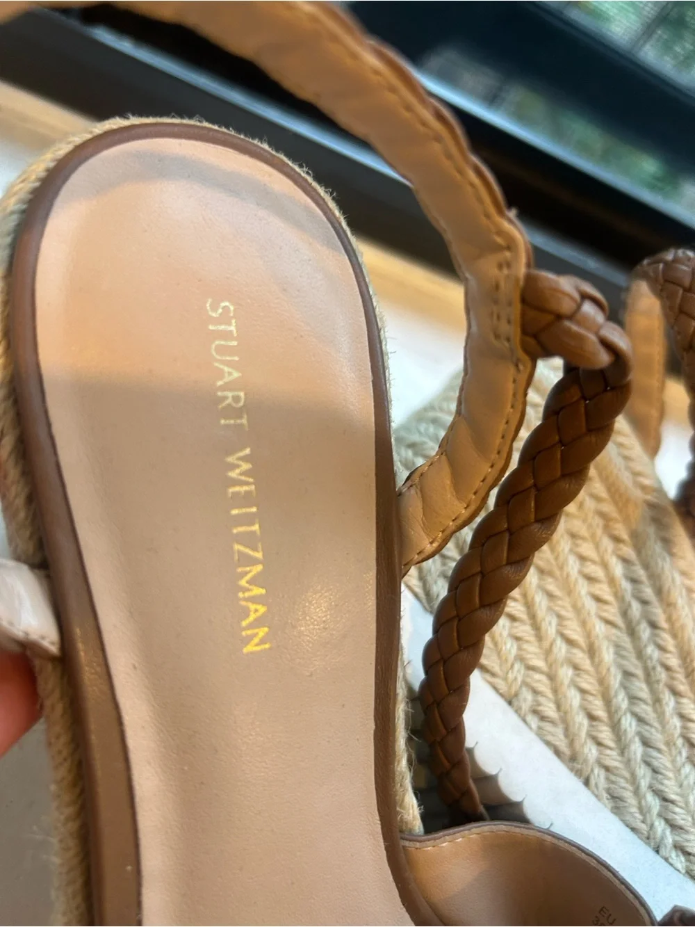 Stuart Weitzman Tan Braided Espadrille Wedge Sandals